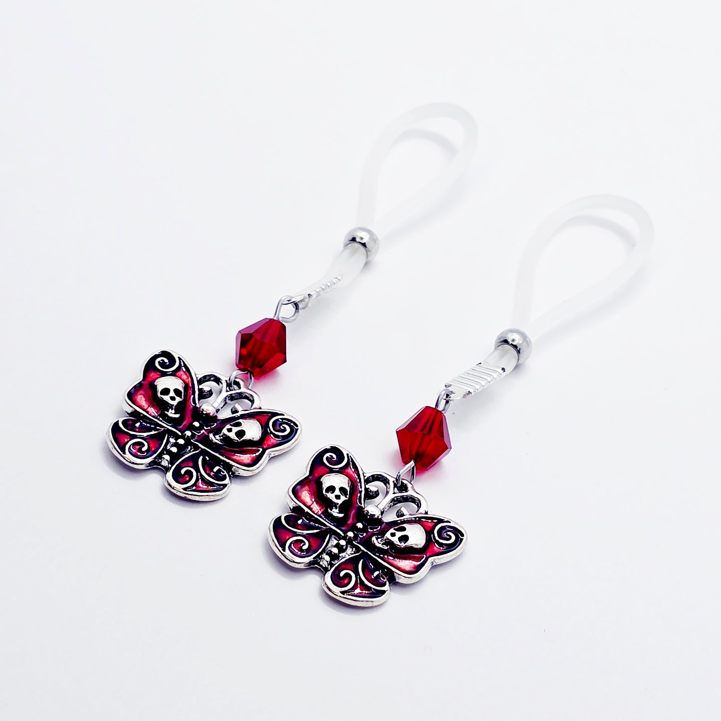 Non-Piercing Nipple Nooses or Clamps with Red Gothic Skull Butterflies and Crystals.