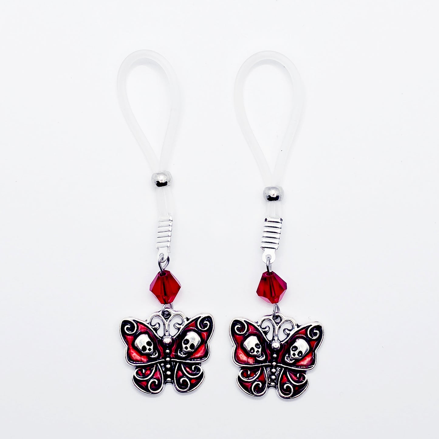 Non-Piercing Nipple Nooses or Clamps with Red Gothic Skull Butterflies and Crystals.