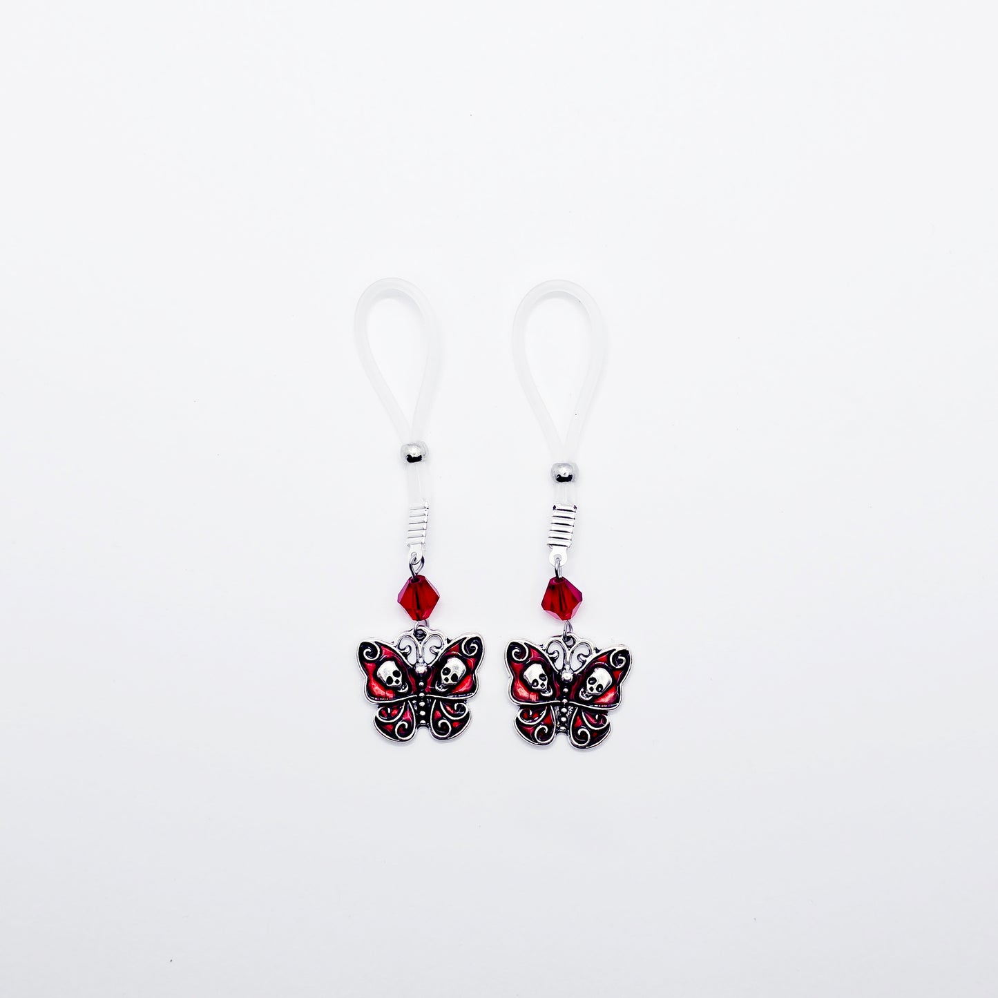 Non-Piercing Nipple Nooses or Clamps with Red Gothic Skull Butterflies and Crystals.