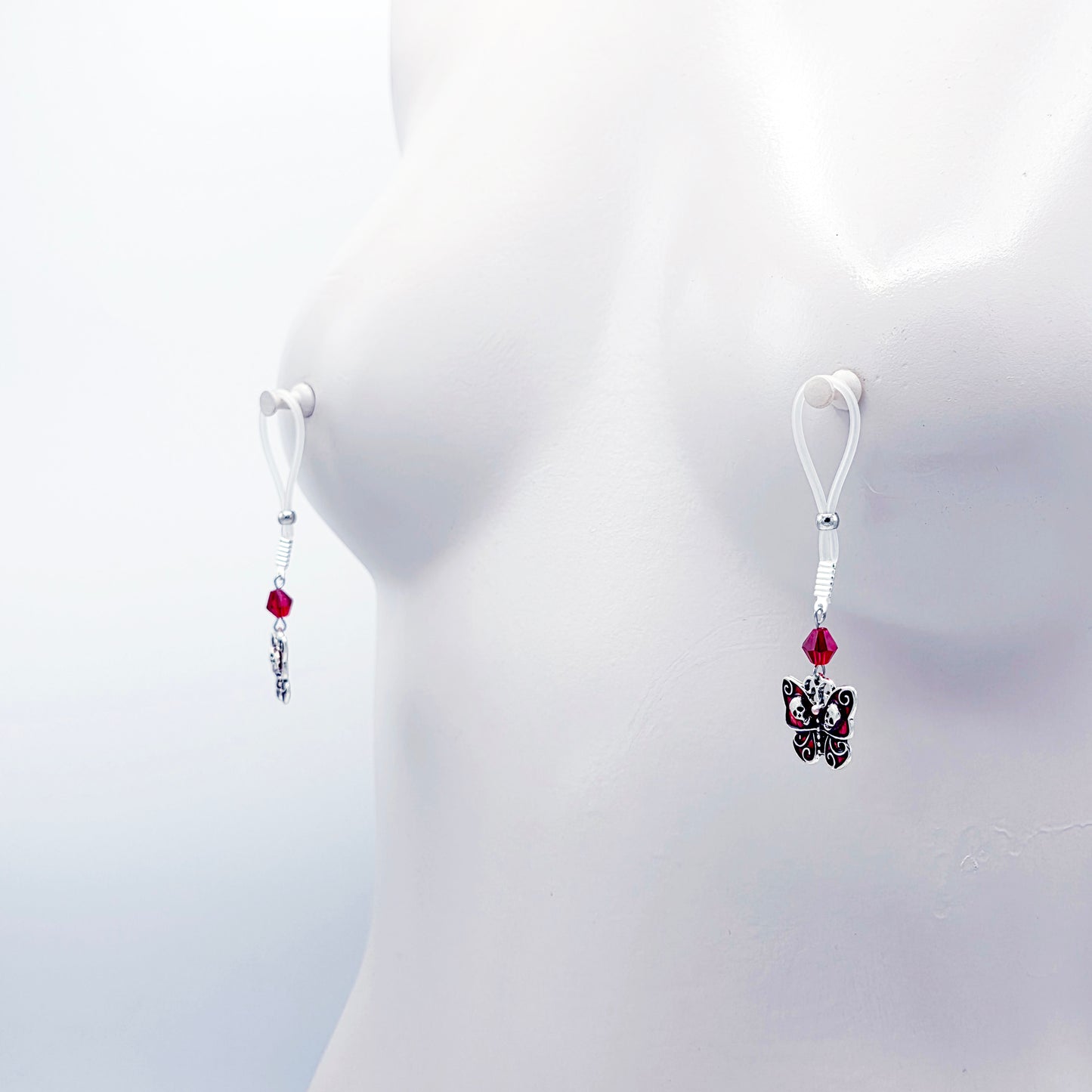 Non-Piercing Nipple Nooses or Clamps with Red Gothic Skull Butterflies and Crystals.
