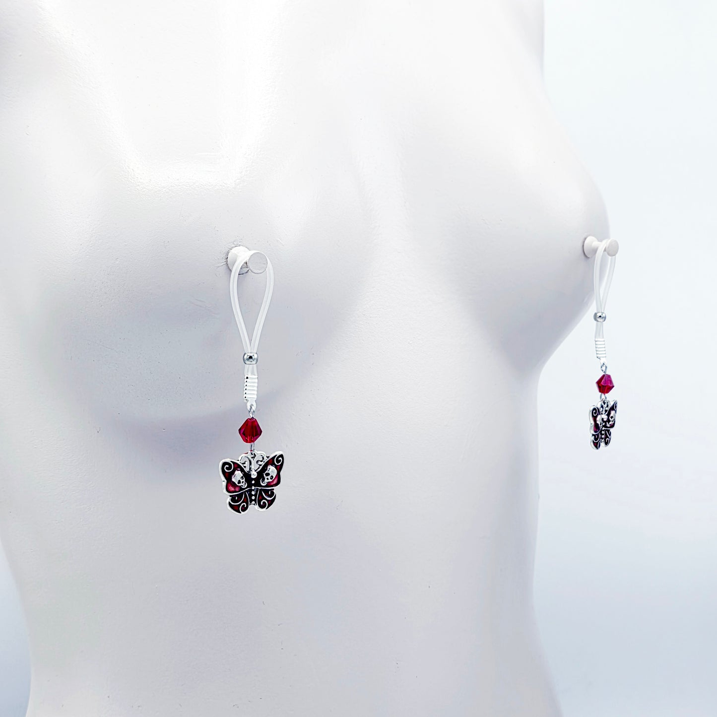 Non-Piercing Nipple Nooses or Clamps with Red Gothic Skull Butterflies and Crystals.