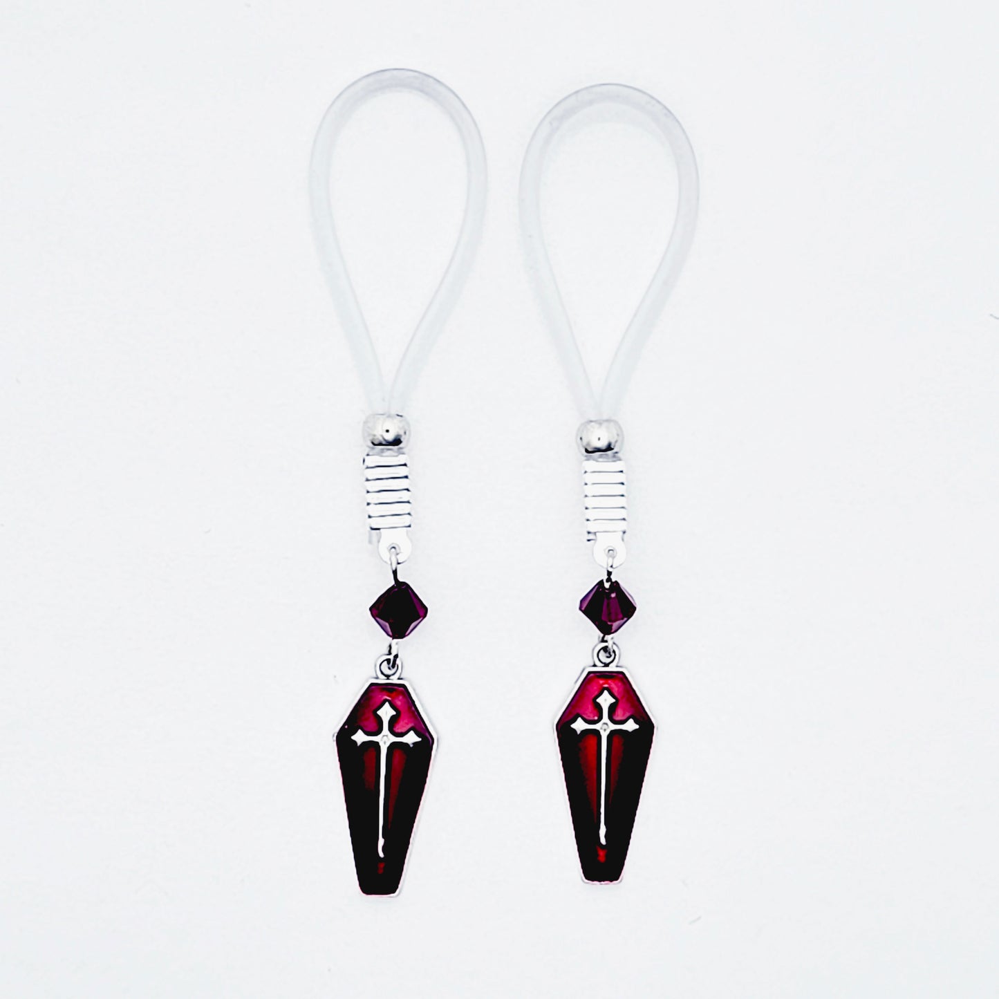 Non Piercing Nipple Nooses or Clamps with Red Crystals and Coffins. Gothic Halloween Nipple Jewelry Clamps.