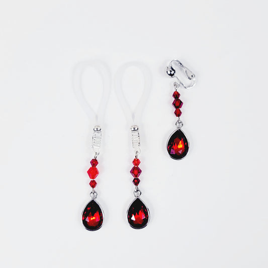 Intimate Body Jewelry Set with Red Gems and Crystals. Non Piercing Nipple Dangles and VCH Clip. MATURE