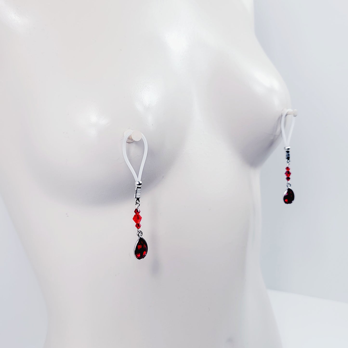 Intimate Body Jewelry Set with Red Gems and Crystals. Non Piercing Nipple Dangles and VCH Clip. MATURE