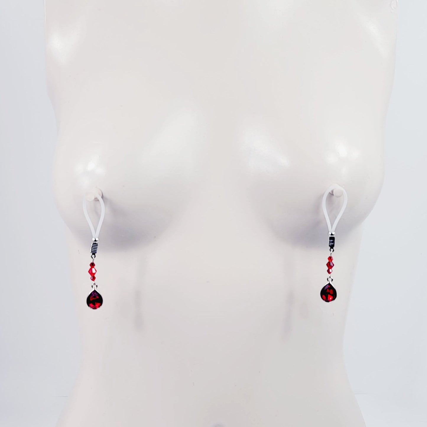 Intimate Body Jewelry Set with Red Gems and Crystals. Non Piercing Nipple Dangles and VCH Clip. MATURE