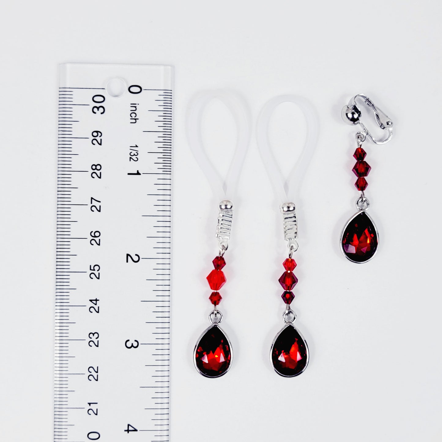 Intimate Body Jewelry Set with Red Gems and Crystals. Non Piercing Nipple Dangles and VCH Clip. MATURE