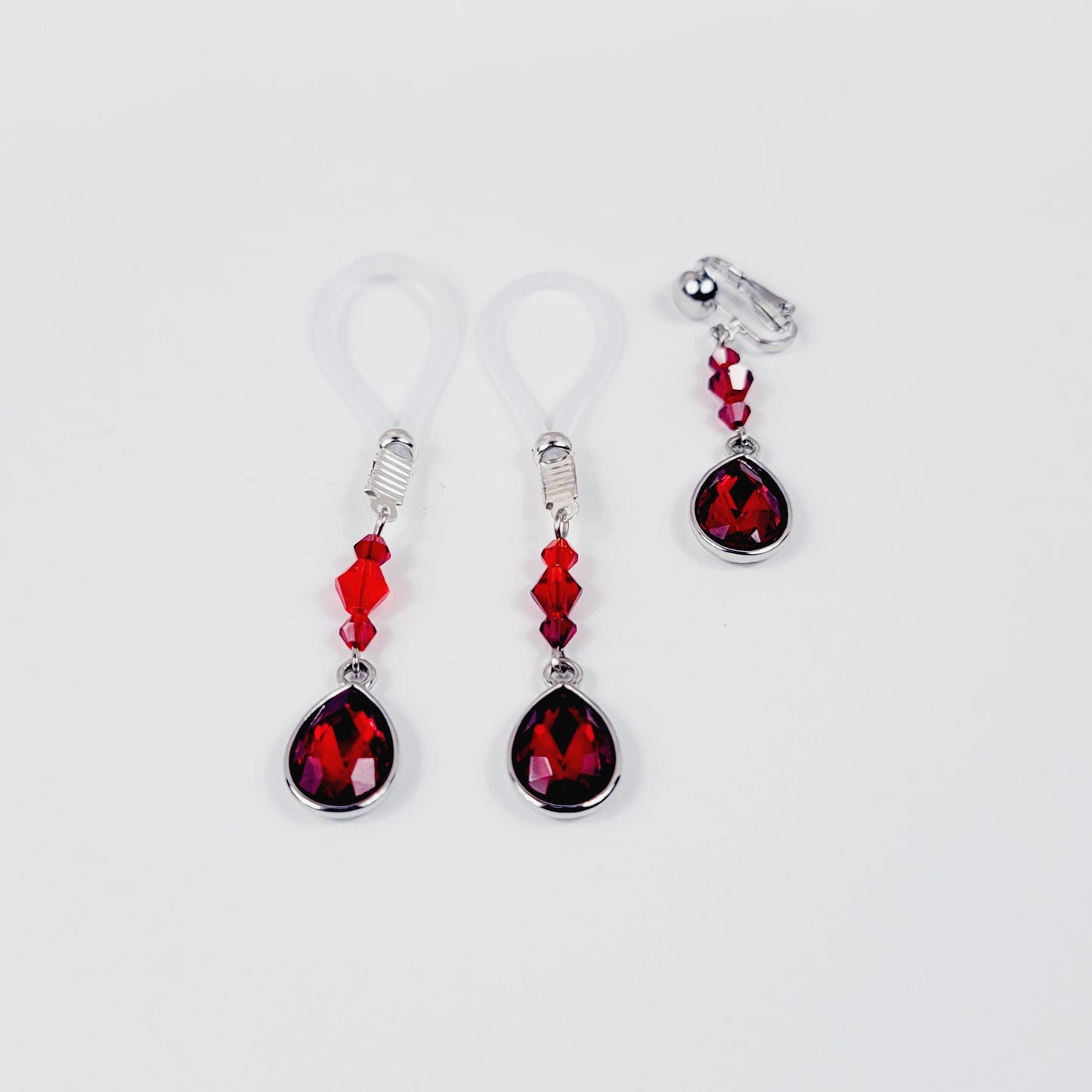 Intimate Body Jewelry Set with Red Gems and Crystals. Non Piercing Nipple Dangles and VCH Clip. MATURE