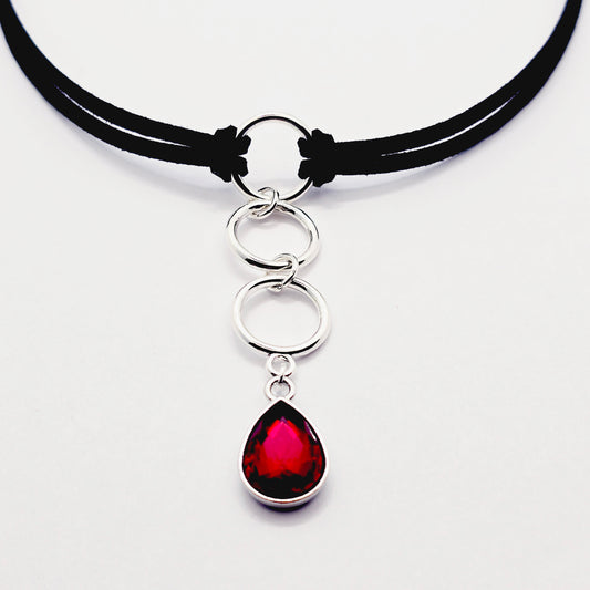 Discreet Day Collar, Black Choker with Tri Circle Pendants, and Red Crystal Teardrop. BDSM Submissive