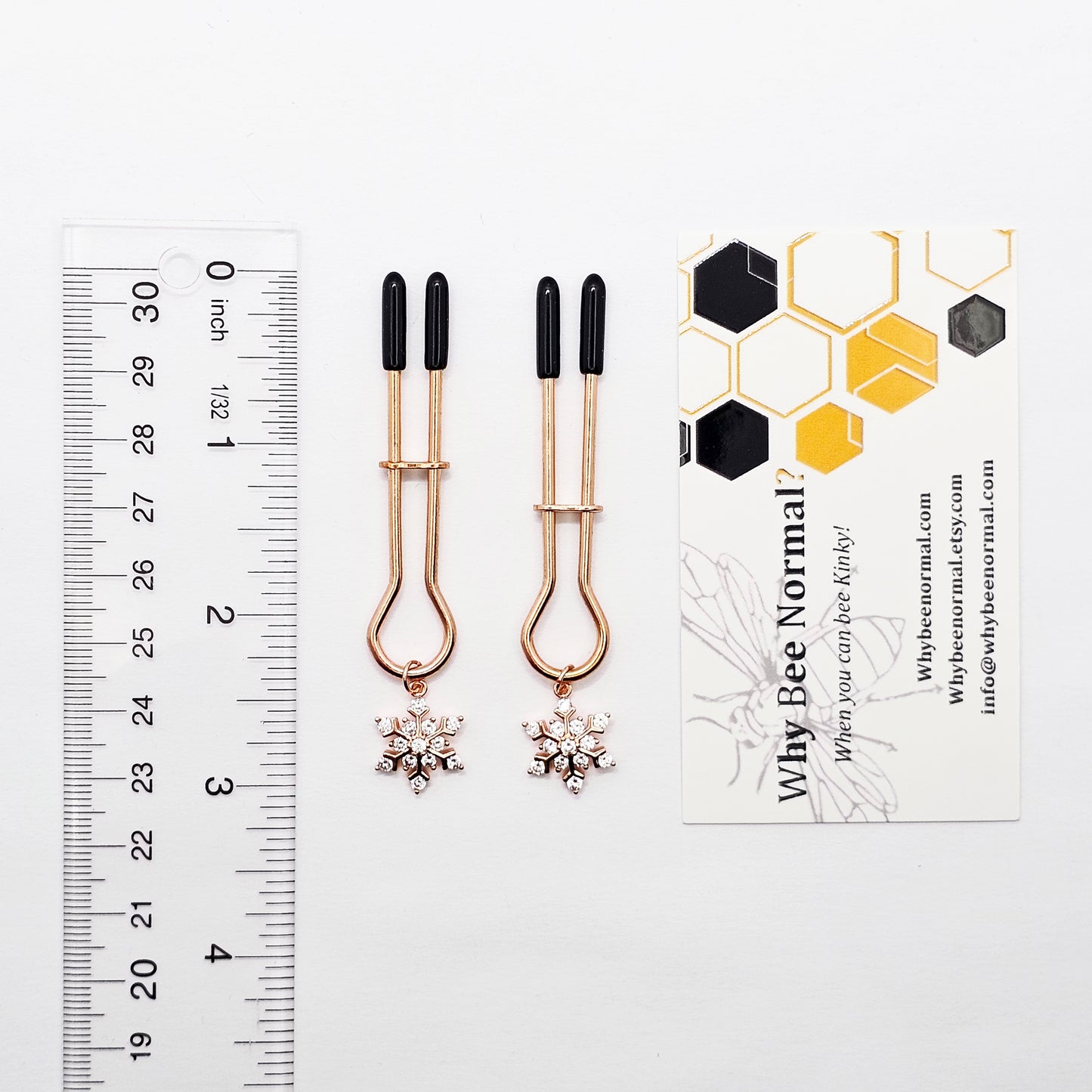 Rose Gold Nipple Clamps with Sparkling Snowflakes. Straight Tweezer Style Clamps.