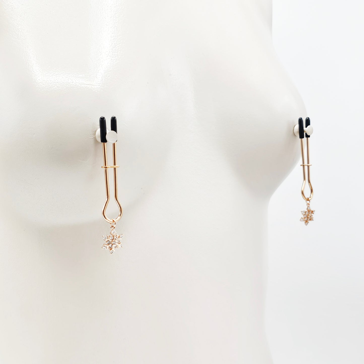 Rose Gold Nipple Clamps with Sparkling Snowflakes. Straight Tweezer Style Clamps.