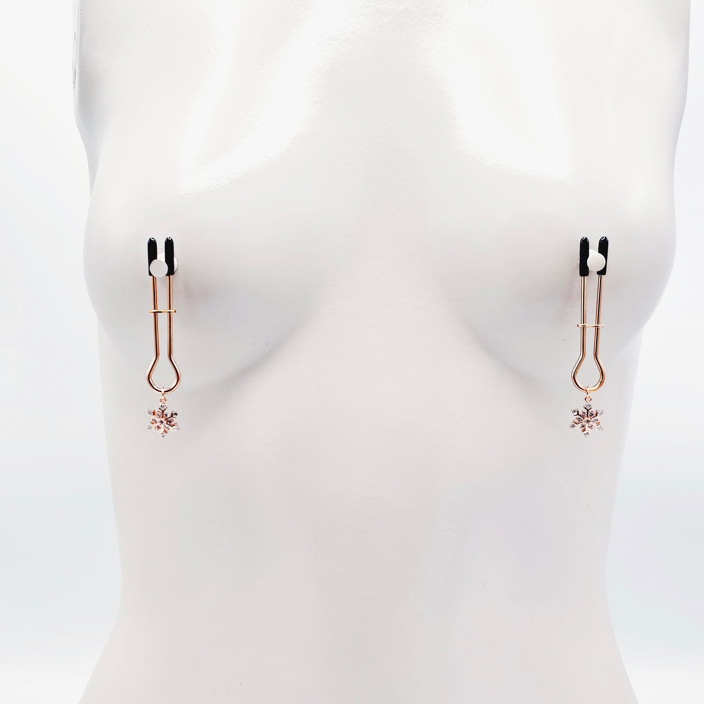 Rose Gold Nipple Clamps with Sparkling Snowflakes. Straight Tweezer Style Clamps.