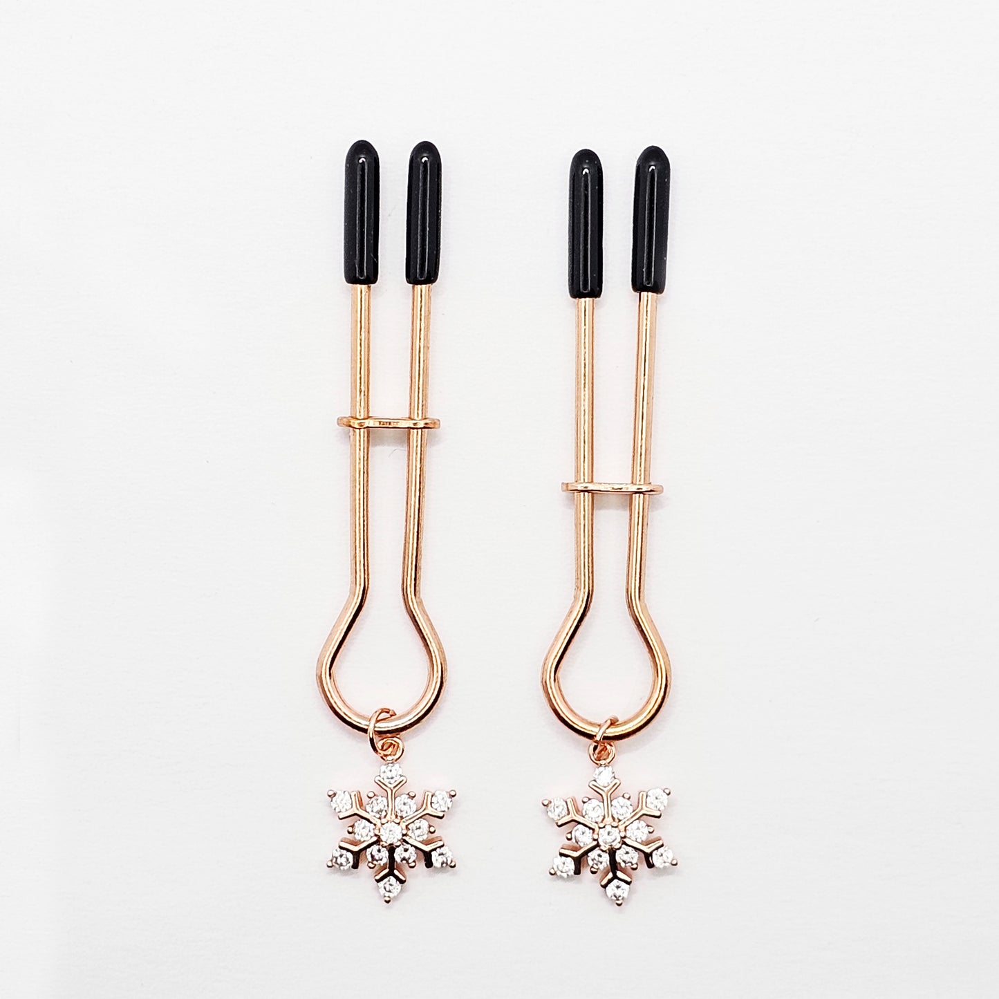 Rose Gold Nipple Clamps with Sparkling Snowflakes. Straight Tweezer Style Clamps.