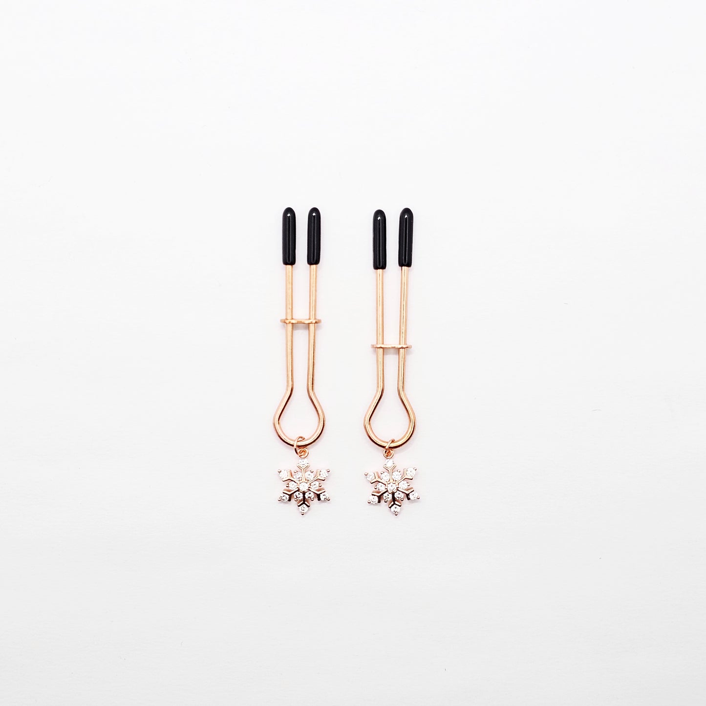 Rose Gold Nipple Clamps with Sparkling Snowflakes. Straight Tweezer Style Clamps.