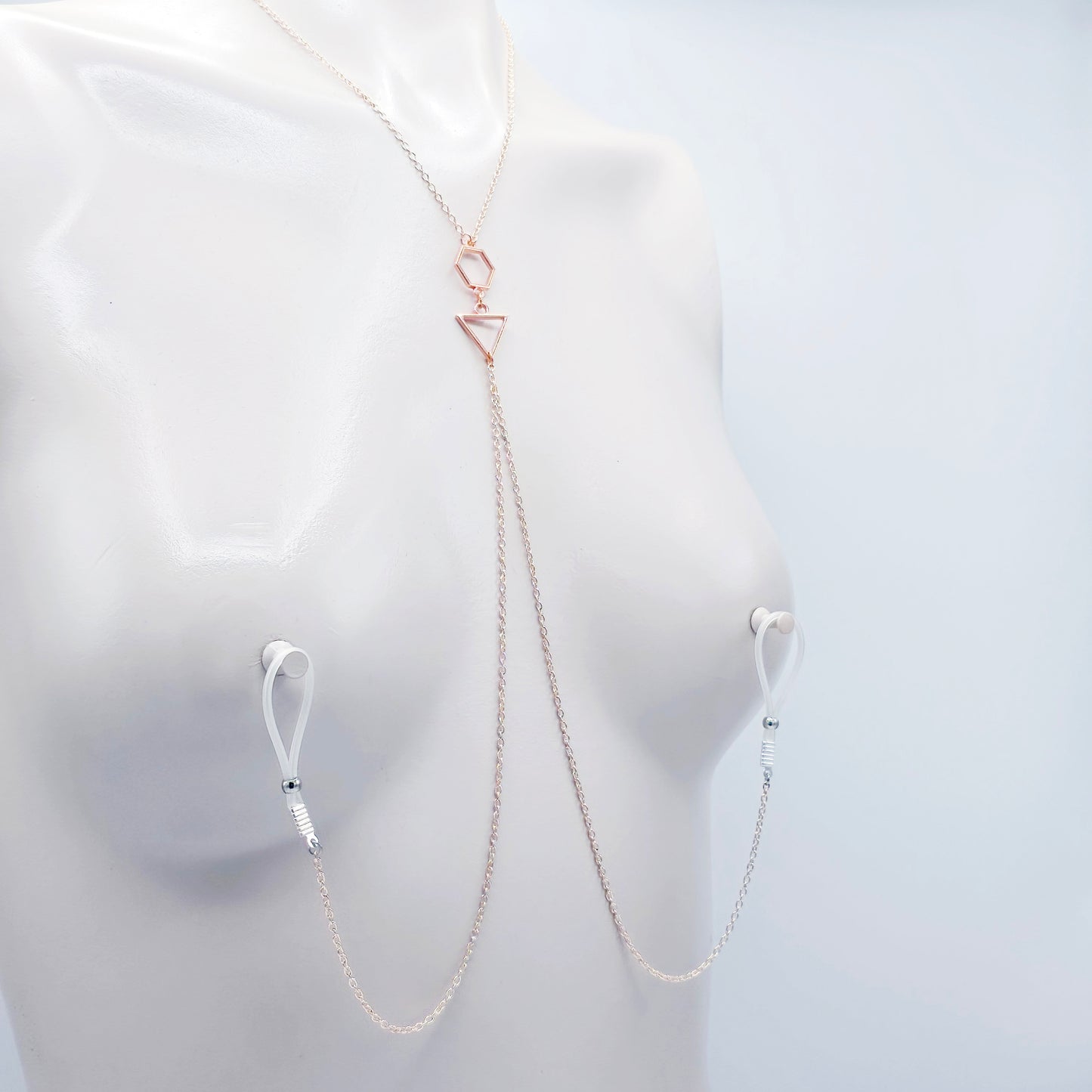 Necklace to Nipple, Rose Gold Geometric, with Nipple Chains.  Non-Piercing or Use with pierced or Nipple Clamps