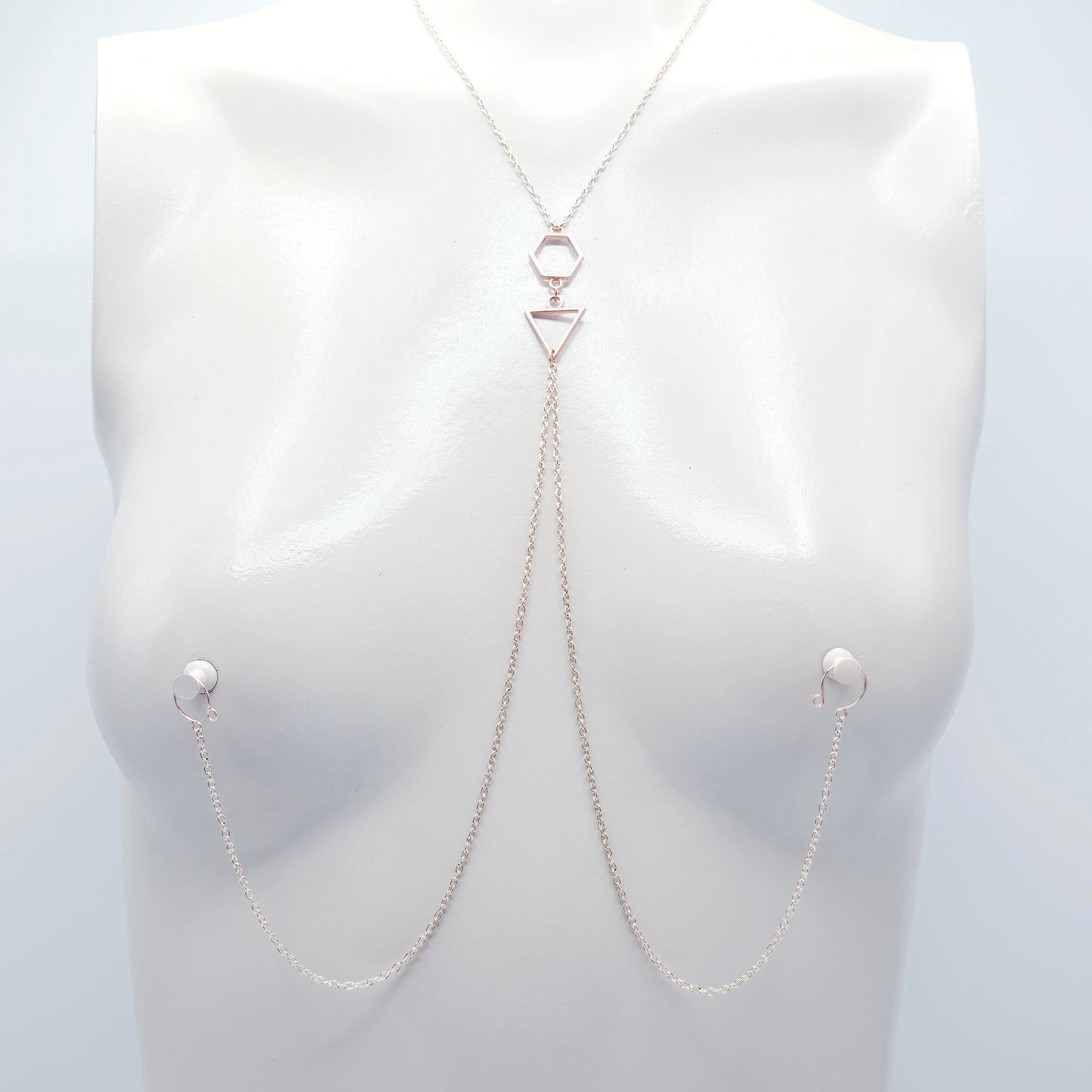 Necklace to Nipple, Rose Gold Geometric, with Nipple Chains.  Non-Piercing or Use with pierced or Nipple Clamps