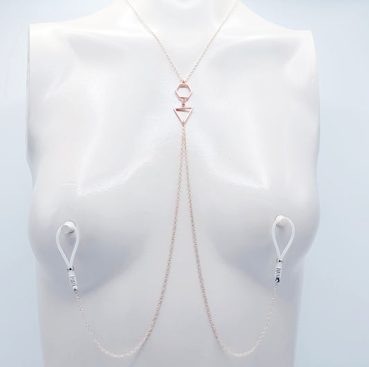 Necklace to Nipple, Rose Gold Geometric, with Nipple Chains.  Non-Piercing or Use with pierced or Nipple Clamps