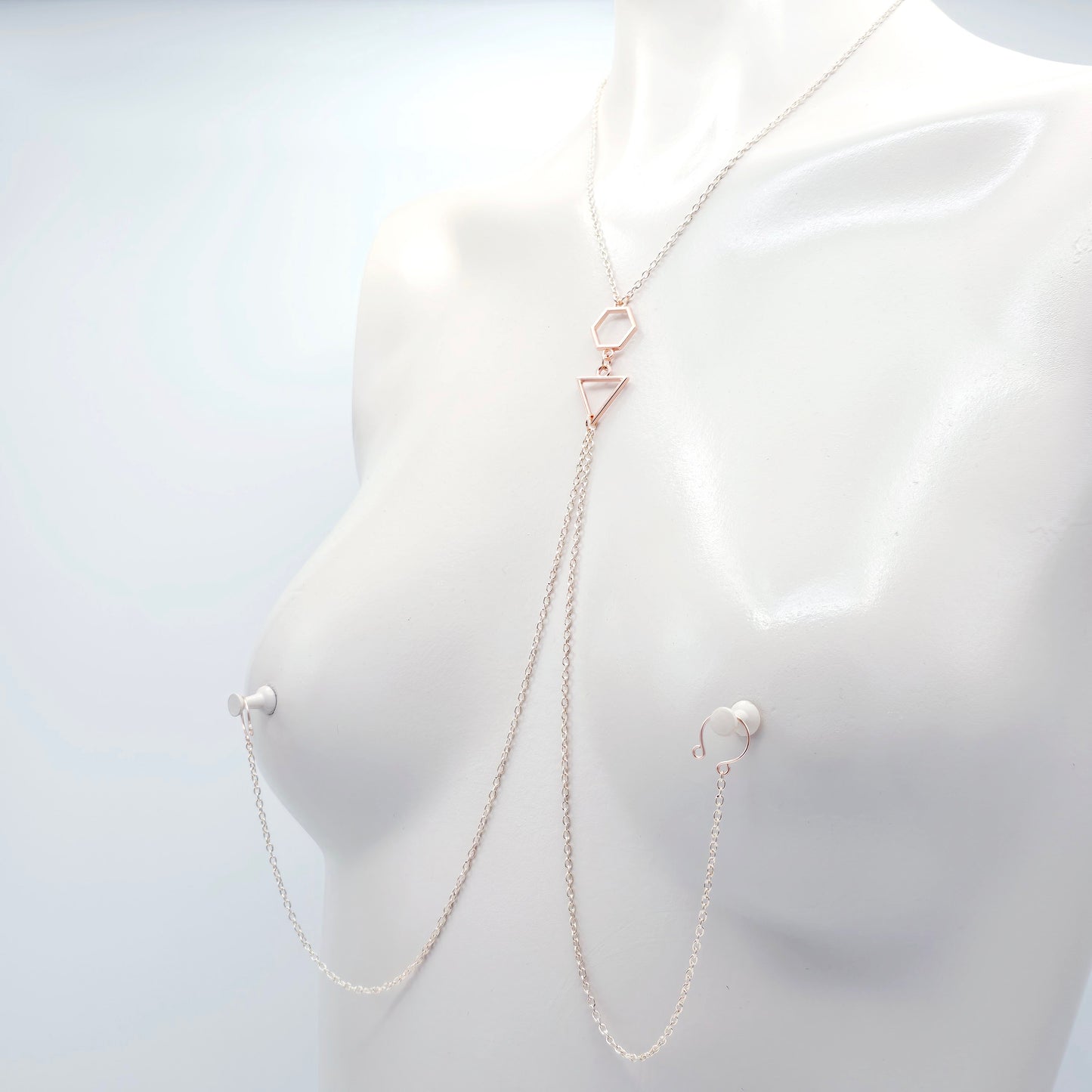 Necklace to Nipple, Rose Gold Geometric, with Nipple Chains.  Non-Piercing or Use with pierced or Nipple Clamps