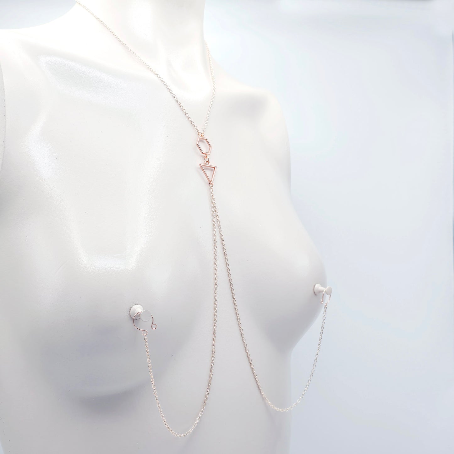 Necklace to Nipple, Rose Gold Geometric, with Nipple Chains.  Non-Piercing or Use with pierced or Nipple Clamps