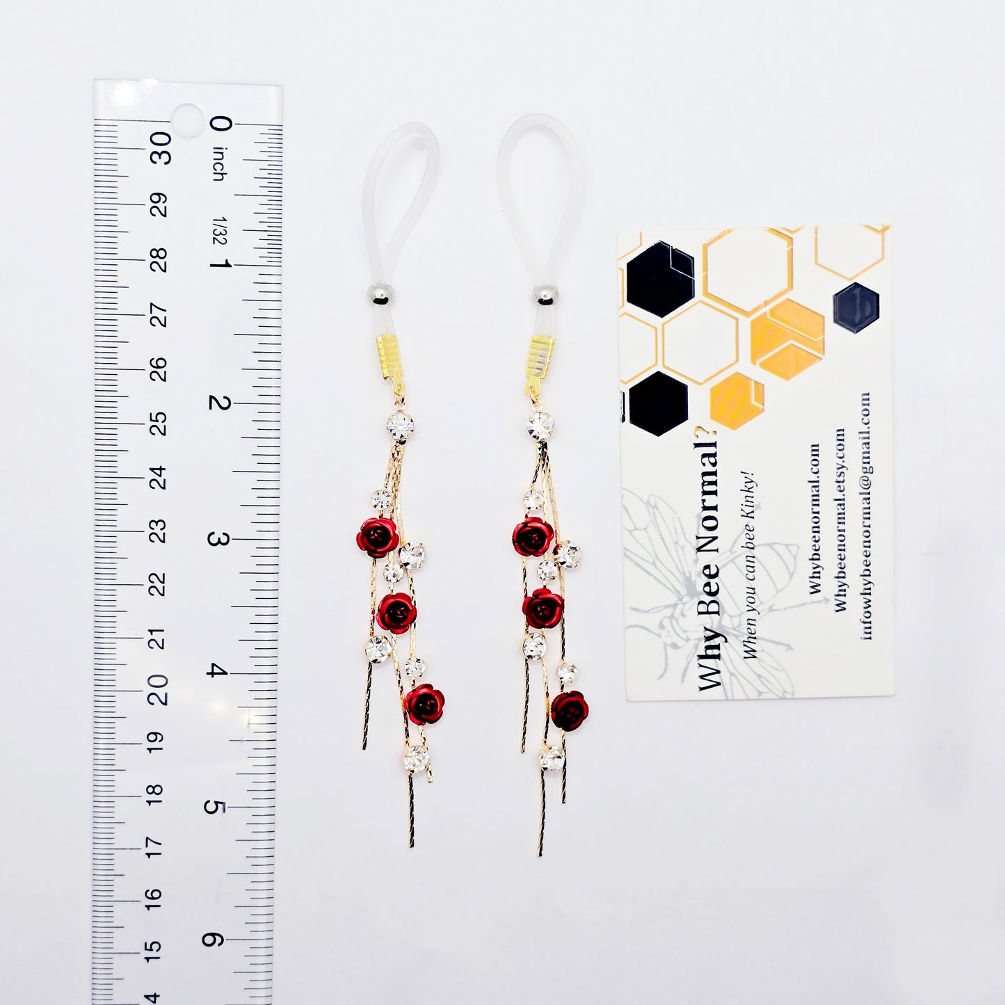 Fake Nipple Piercings or Clamps. 18K Gold and Red Rose Nipple Dangles on Nipple Nooses or Nipple Clamps. MATURE Body Jewelry