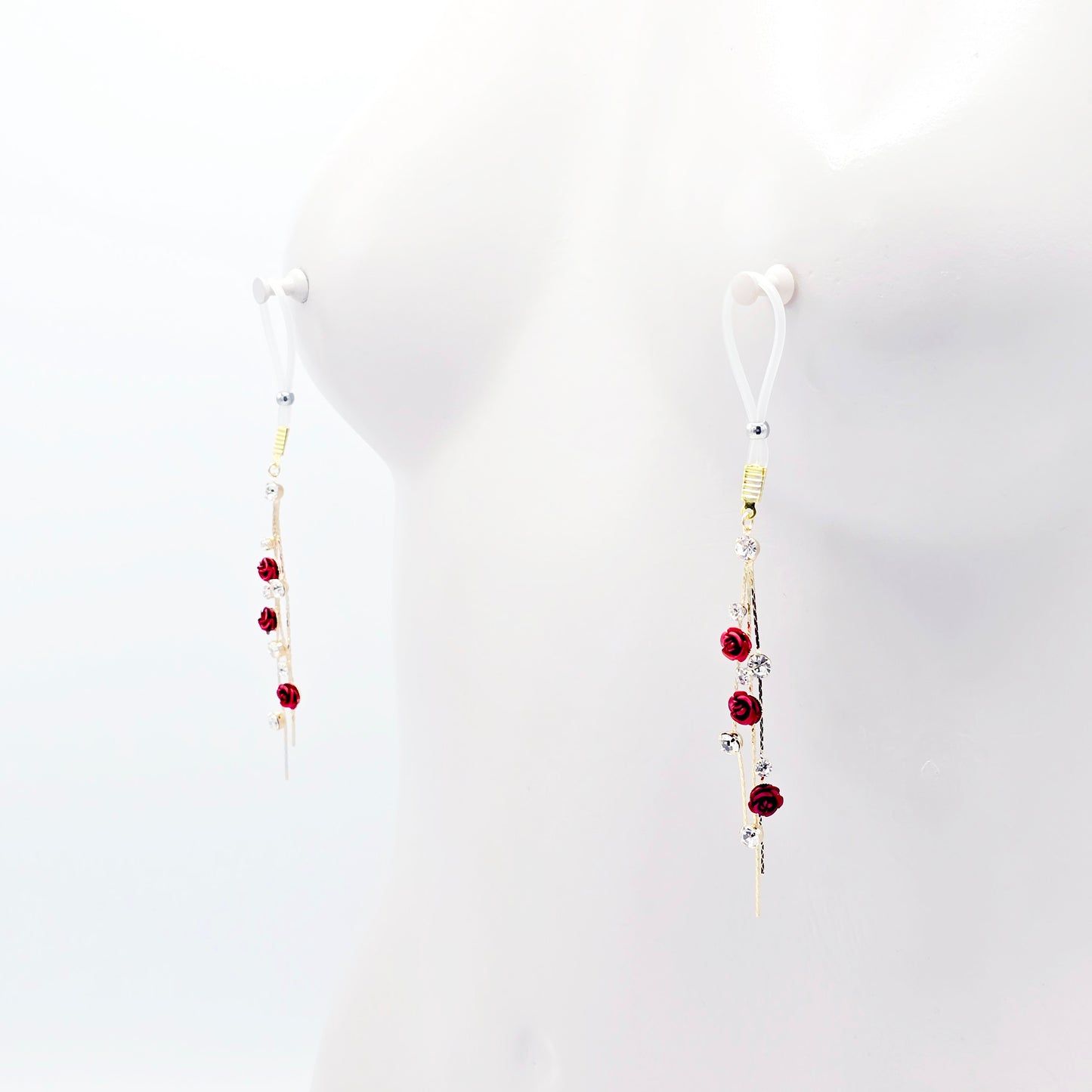 Fake Nipple Piercings or Clamps. 18K Gold and Red Rose Nipple Dangles on Nipple Nooses or Nipple Clamps. MATURE Body Jewelry