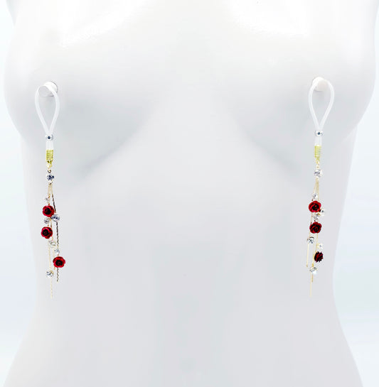 Fake Nipple Piercings or Clamps. 18K Gold and Red Rose Nipple Dangles on Nipple Nooses or Nipple Clamps. MATURE Body Jewelry