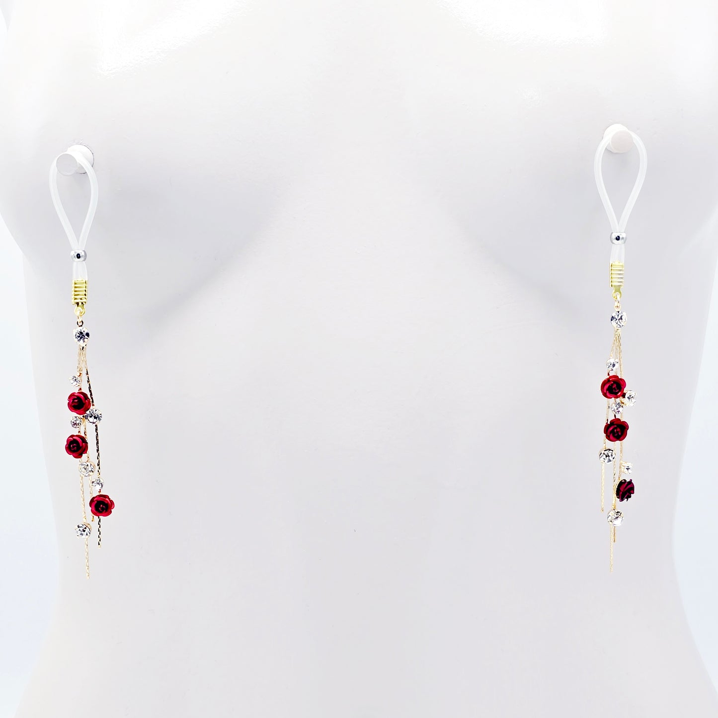 Fake Nipple Piercings or Clamps. 18K Gold and Red Rose Nipple Dangles on Nipple Nooses or Nipple Clamps. MATURE Body Jewelry