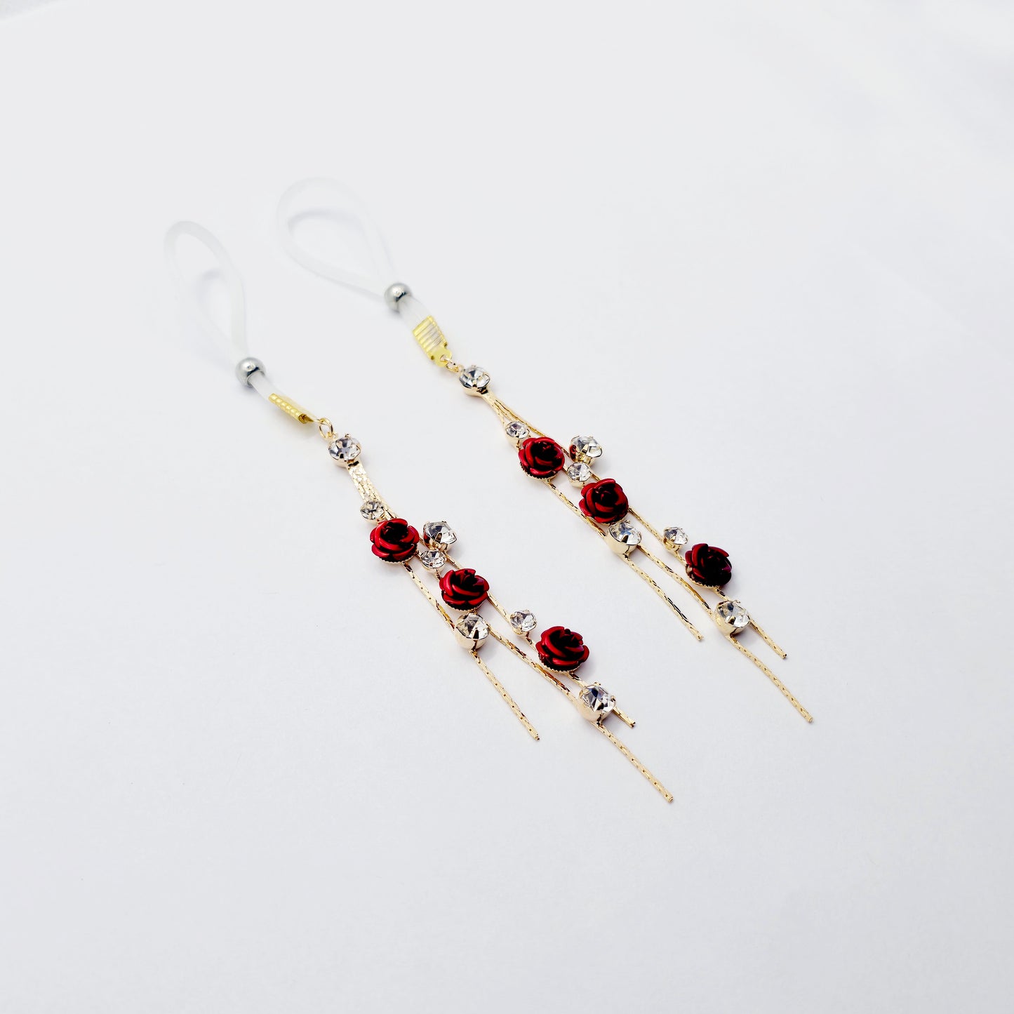 Fake Nipple Piercings or Clamps. 18K Gold and Red Rose Nipple Dangles on Nipple Nooses or Nipple Clamps. MATURE Body Jewelry