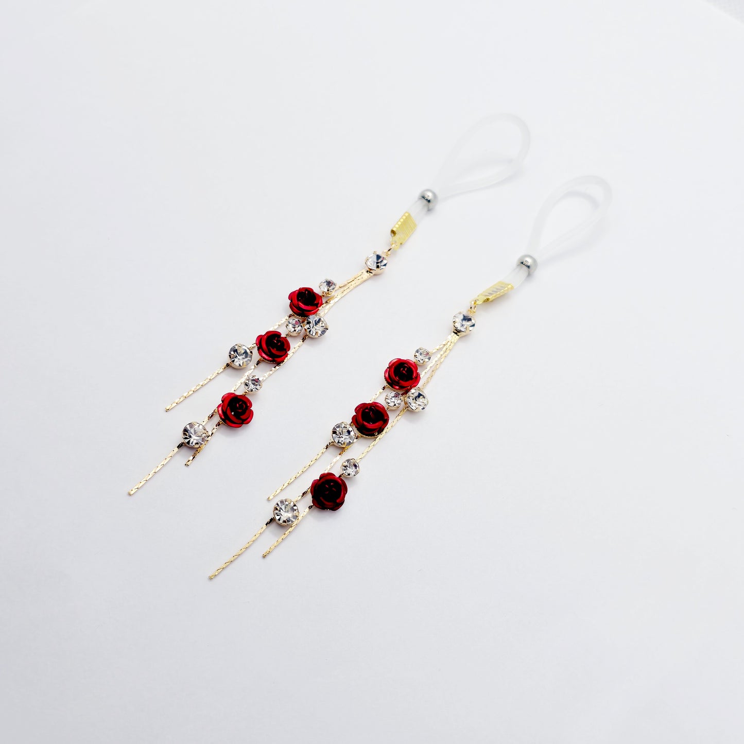 Fake Nipple Piercings or Clamps. 18K Gold and Red Rose Nipple Dangles on Nipple Nooses or Nipple Clamps. MATURE Body Jewelry