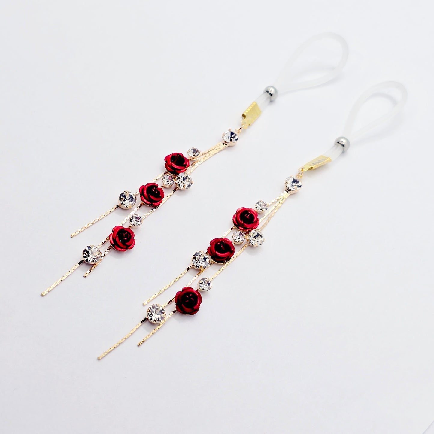 Fake Nipple Piercings or Clamps. 18K Gold and Red Rose Nipple Dangles on Nipple Nooses or Nipple Clamps. MATURE Body Jewelry