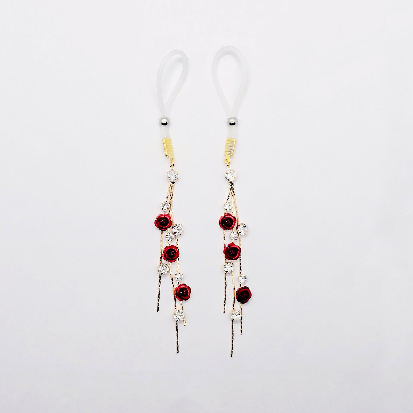 Fake Nipple Piercings or Clamps. 18K Gold and Red Rose Nipple Dangles on Nipple Nooses or Nipple Clamps. MATURE Body Jewelry