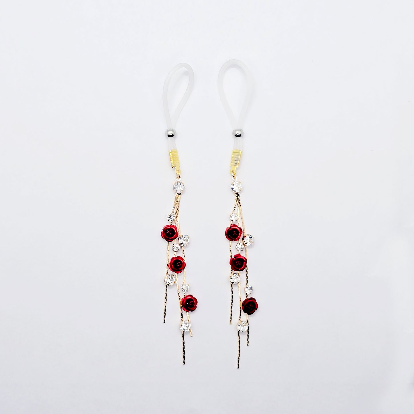 Fake Nipple Piercings or Clamps. 18K Gold and Red Rose Nipple Dangles on Nipple Nooses or Nipple Clamps. MATURE Body Jewelry