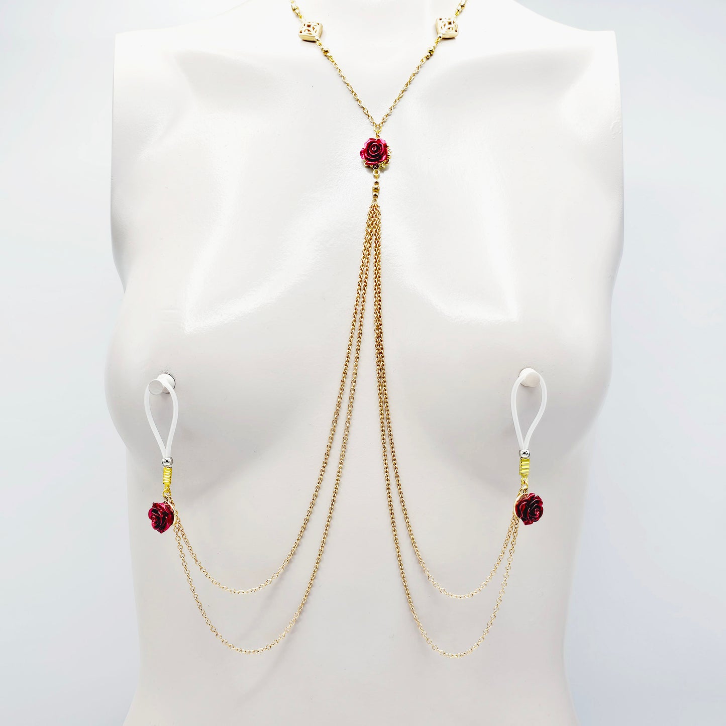 Elegant Gold Necklace to Nipple with Red Roses and Your Choice of Nipple Attachment, Non Piercing. Nooses or Nipple Clamps.