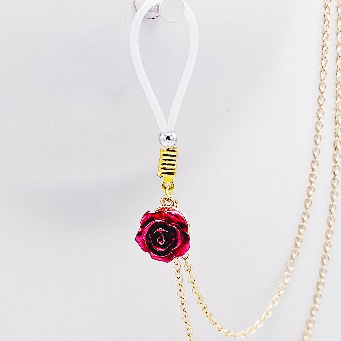 Elegant Gold Necklace to Nipple with Red Roses and Your Choice of Nipple Attachment, Non Piercing. Nooses or Nipple Clamps.