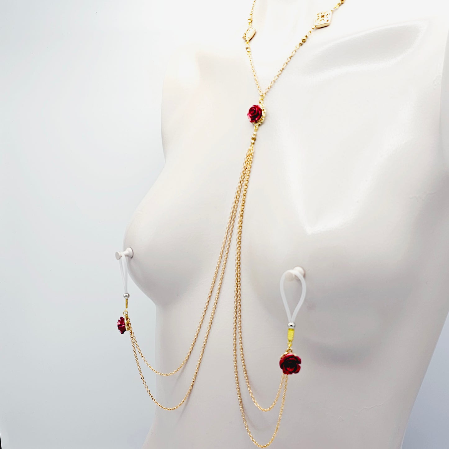 Elegant Gold Necklace to Nipple with Red Roses and Your Choice of Nipple Attachment, Non Piercing. Nooses or Nipple Clamps.