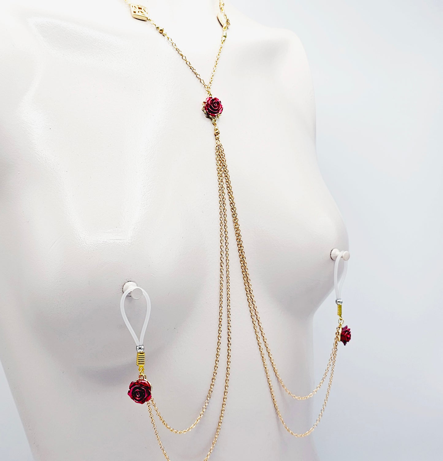 Elegant Gold Necklace to Nipple with Red Roses and Your Choice of Nipple Attachment, Non Piercing. Nooses or Nipple Clamps.