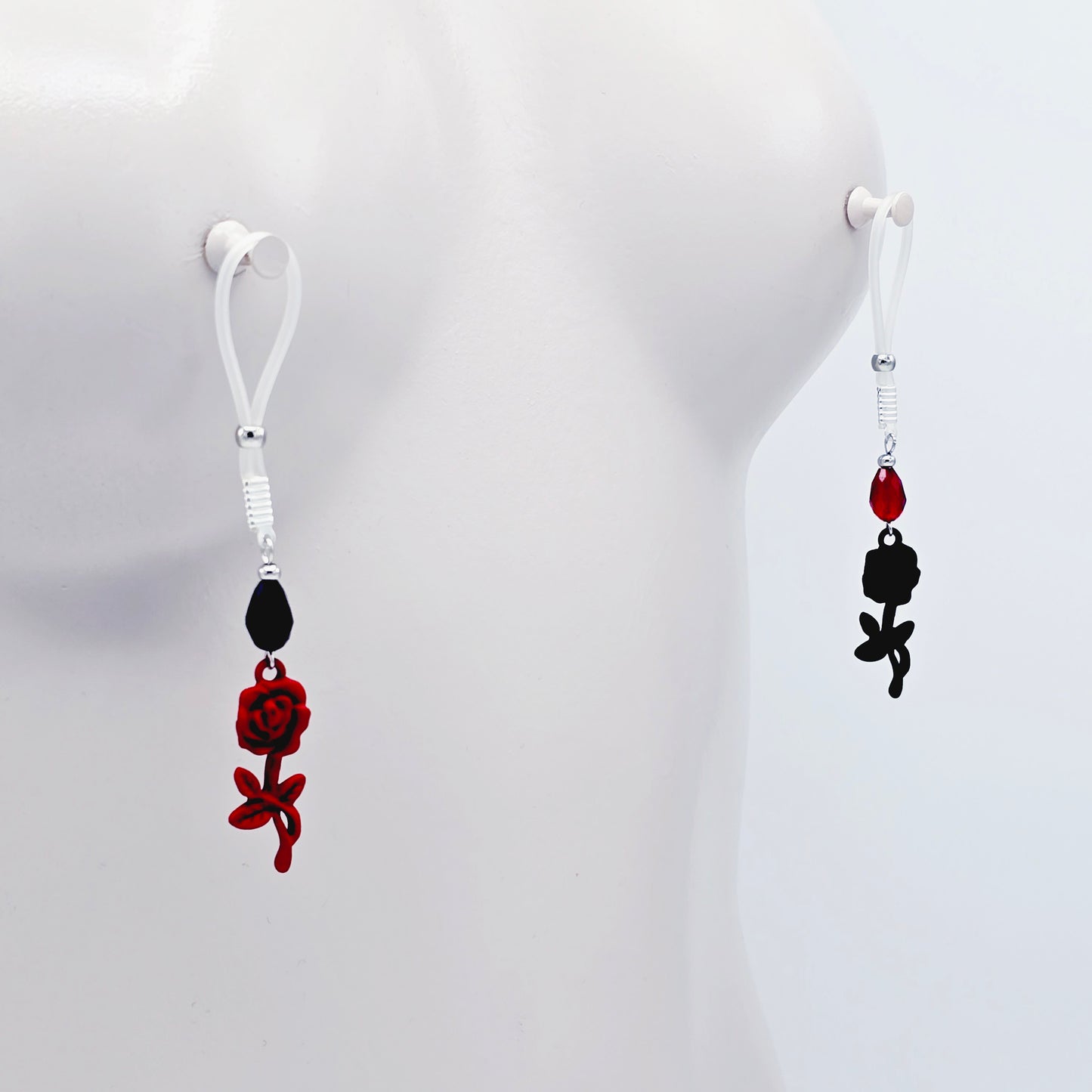 Black and Red Rose Nipple Nooses or Nipple Clamps.