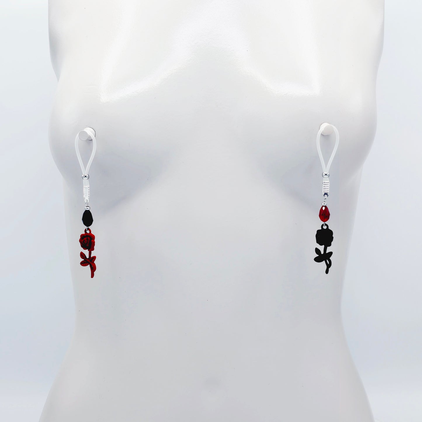 Black and Red Rose Nipple Nooses or Nipple Clamps.