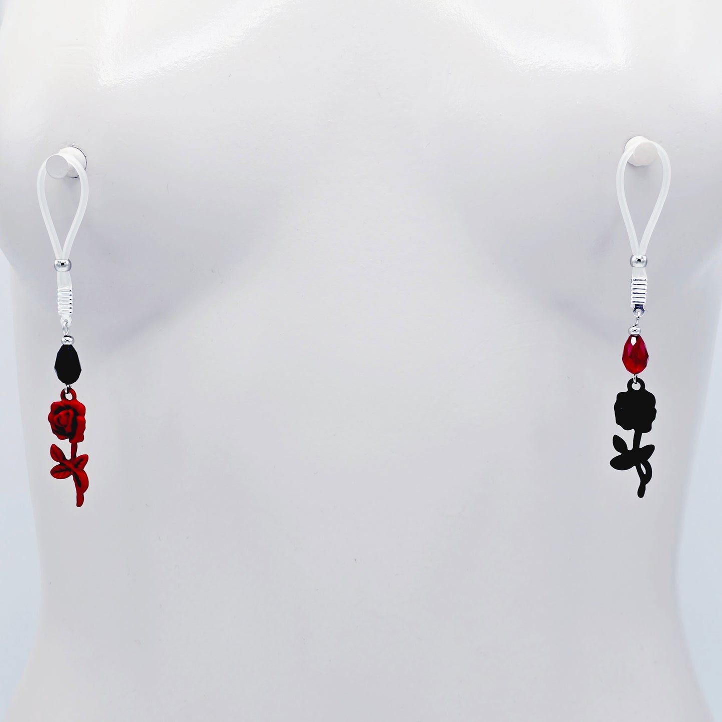 Black and Red Rose Nipple Nooses or Nipple Clamps.