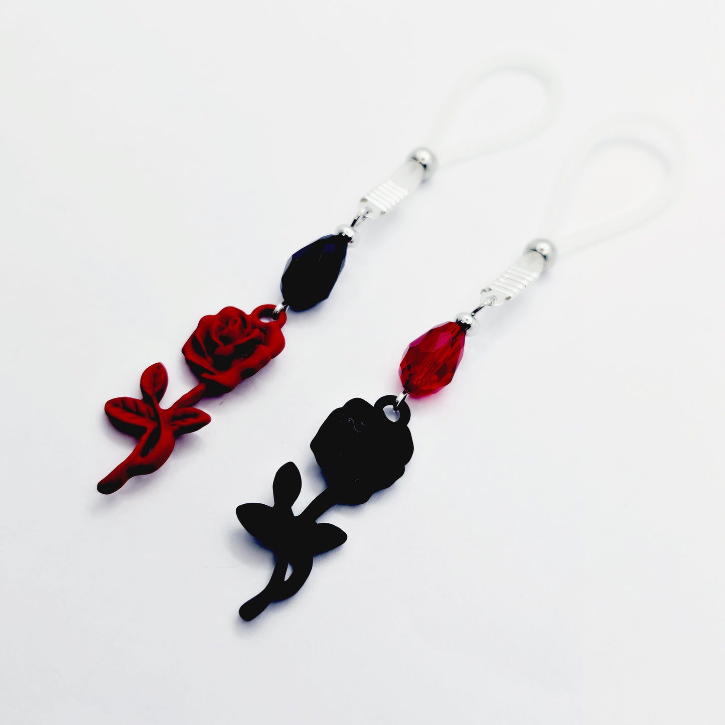 Black and Red Rose Nipple Nooses or Nipple Clamps.