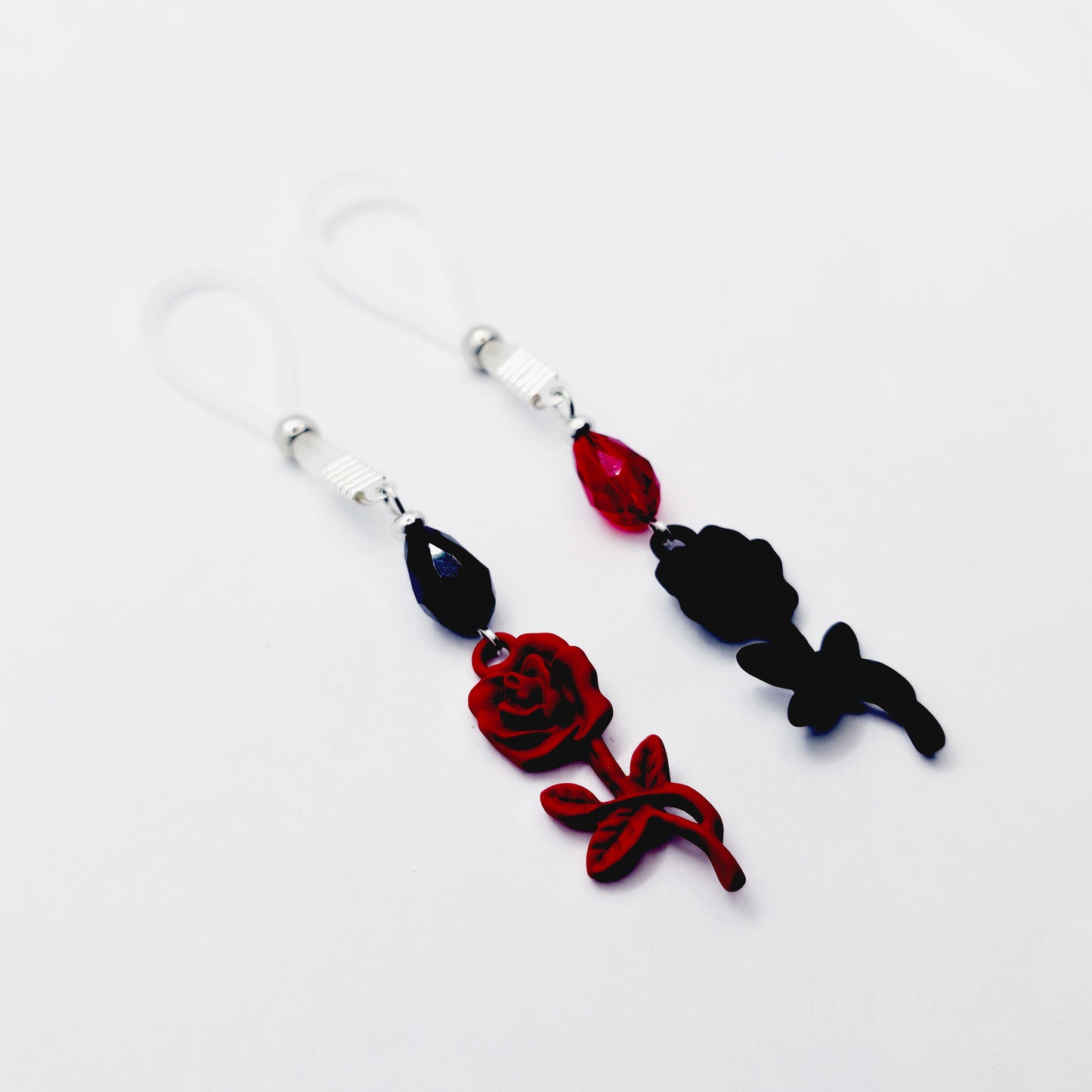 Black and Red Rose Nipple Nooses or Nipple Clamps.