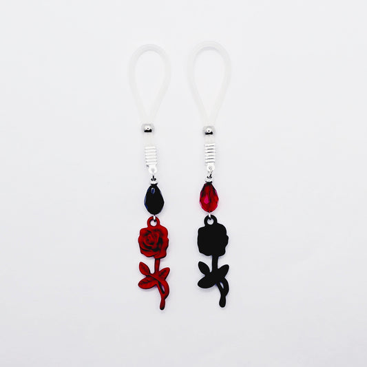 Black and Red Rose Nipple Nooses or Nipple Clamps.