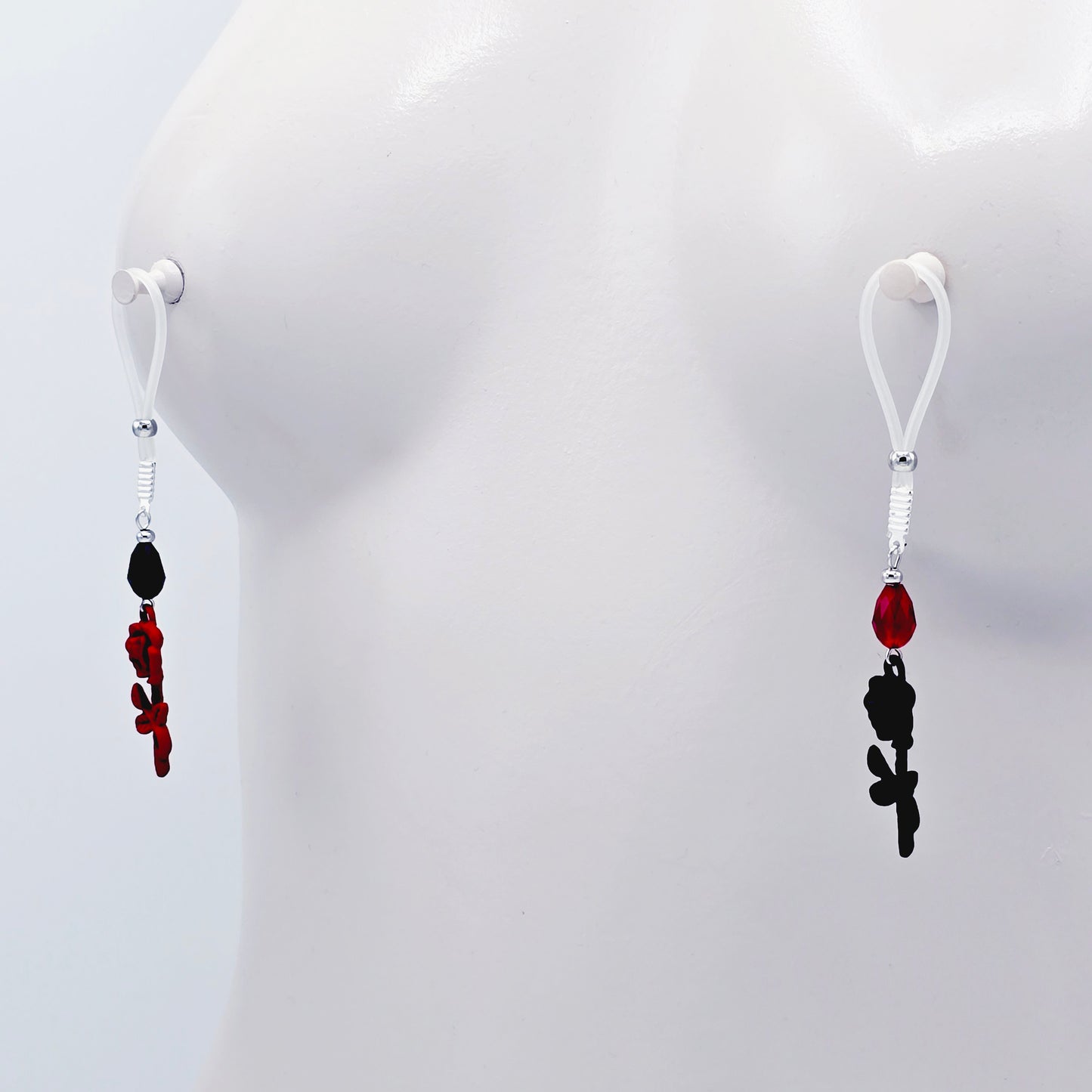 Black and Red Rose Nipple Nooses or Nipple Clamps.