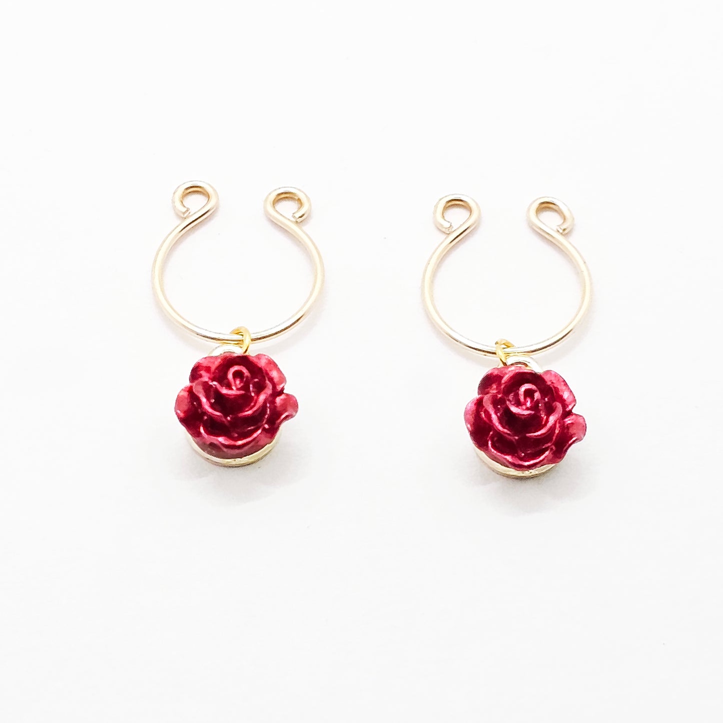 Red Rose Nipple Rings, Non Piercing. Gold Horseshoe Style Nipple Rings.