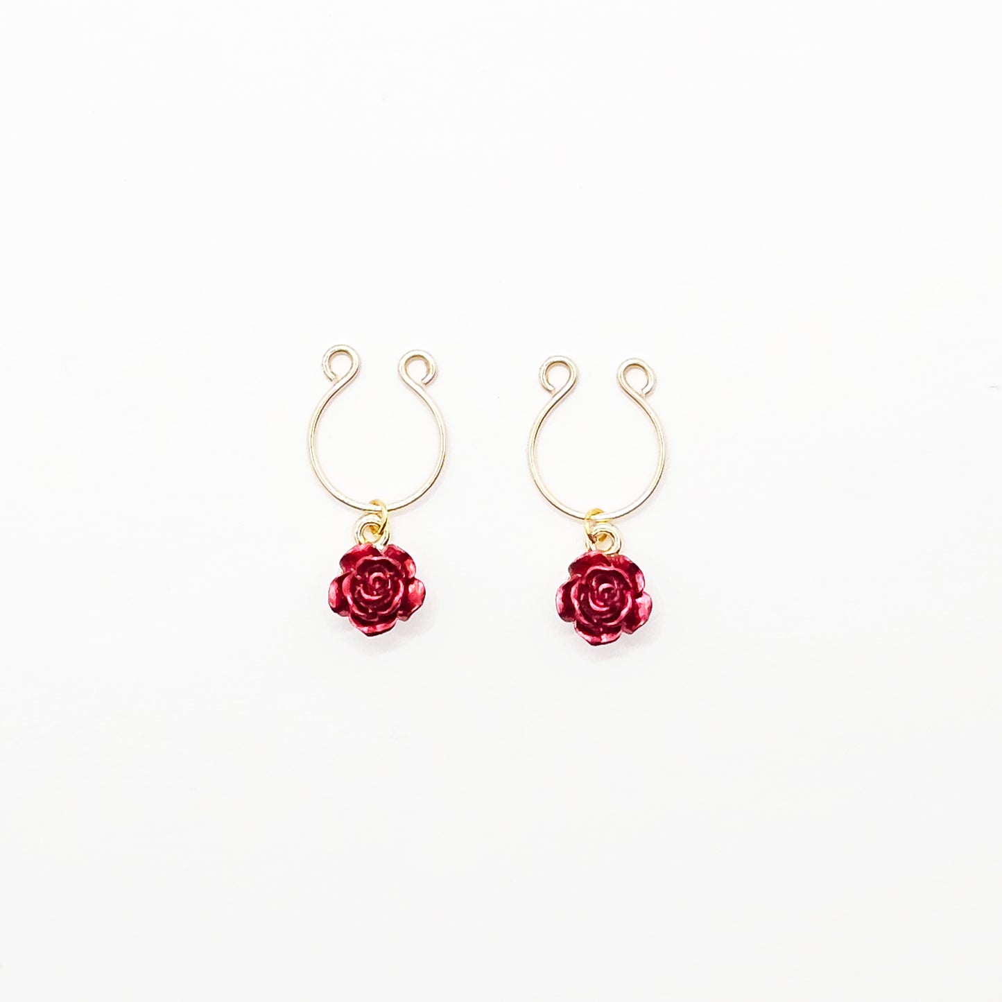 Red Rose Nipple Rings, Non Piercing. Gold Horseshoe Style Nipple Rings.