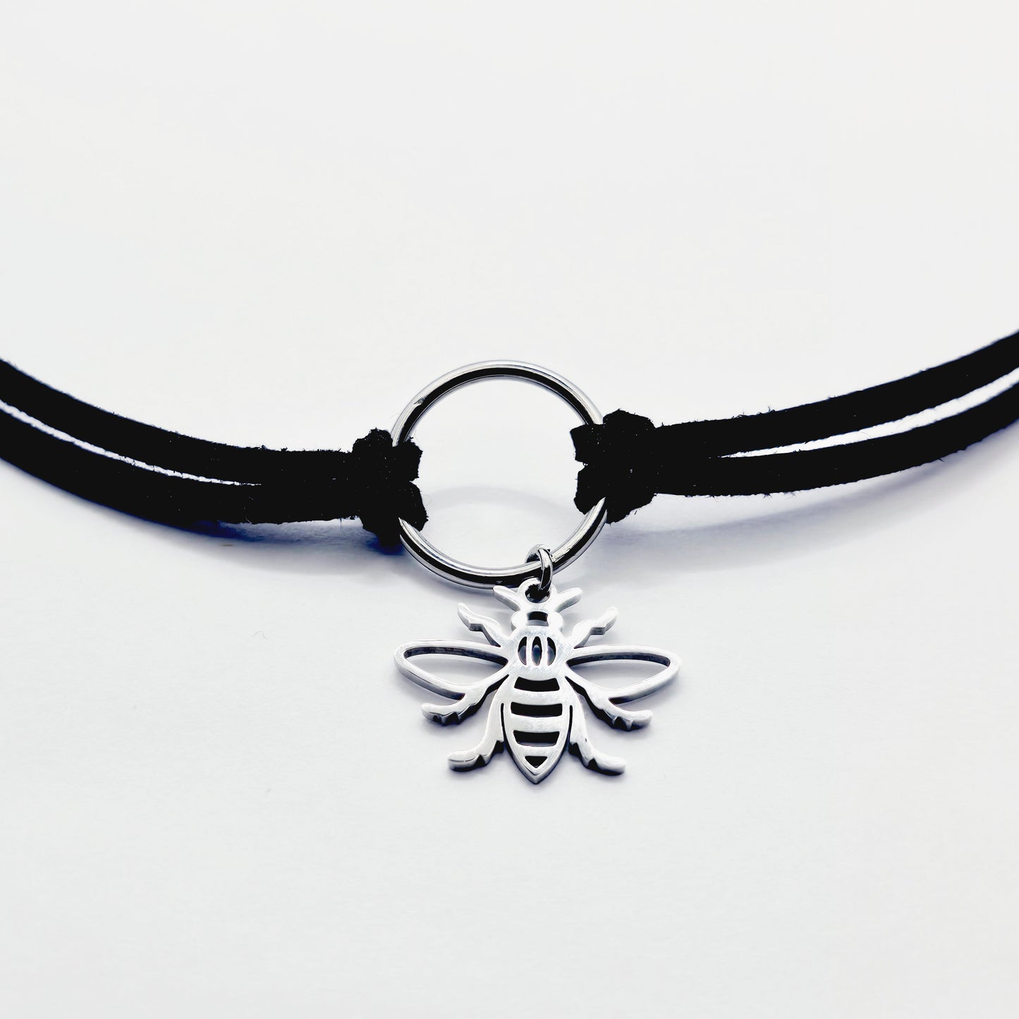 Discreet Day Collar, Faux Leather Choker With Stainless Steel Circle Pendant and Bee.