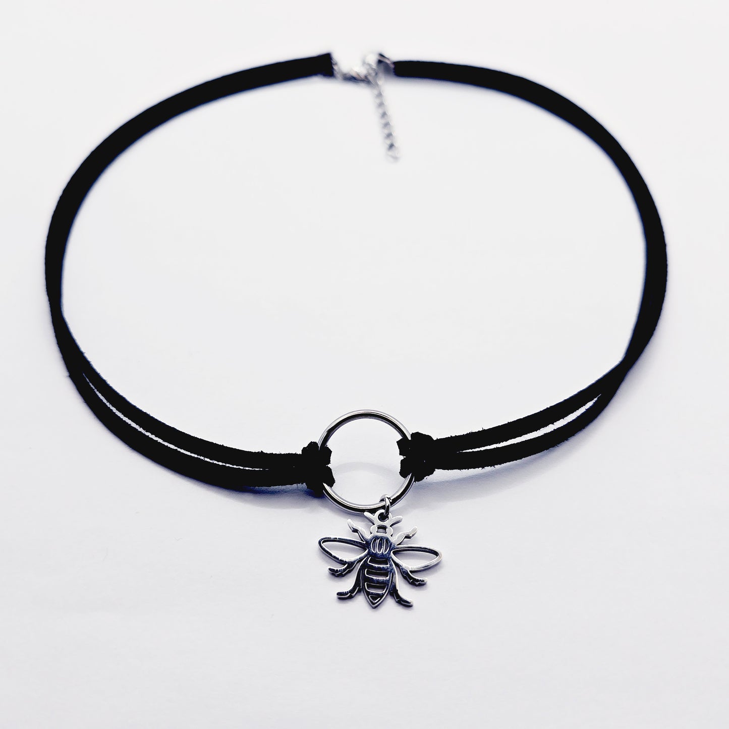 Discreet Day Collar, Faux Leather Choker With Stainless Steel Circle Pendant and Bee.