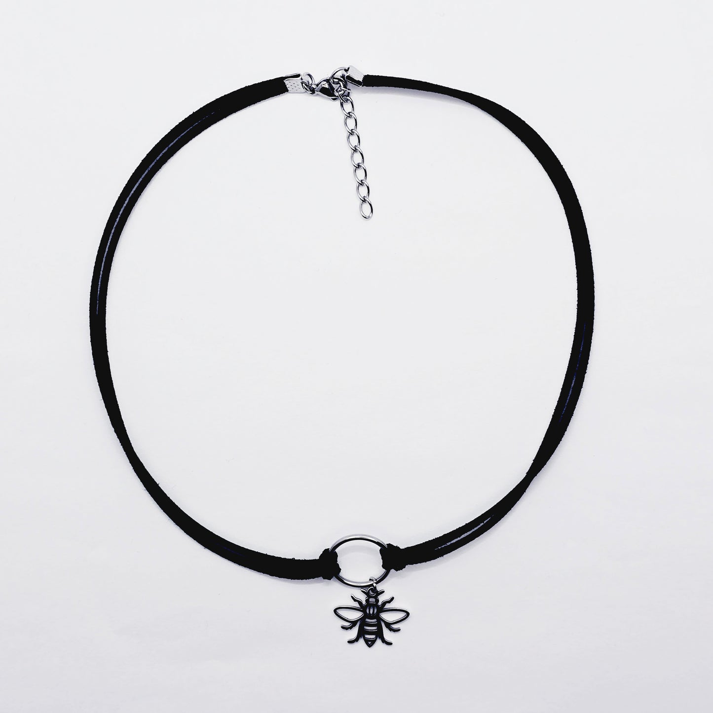 Discreet Day Collar, Faux Leather Choker With Stainless Steel Circle Pendant and Bee.