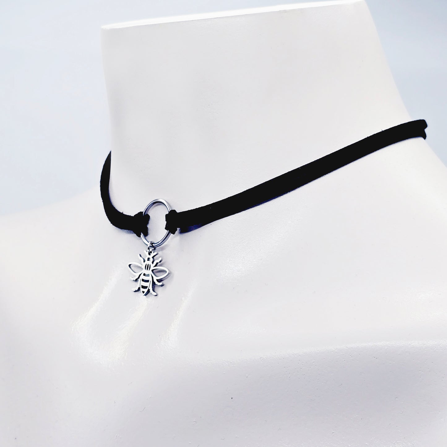 Discreet Day Collar, Faux Leather Choker With Stainless Steel Circle Pendant and Bee.