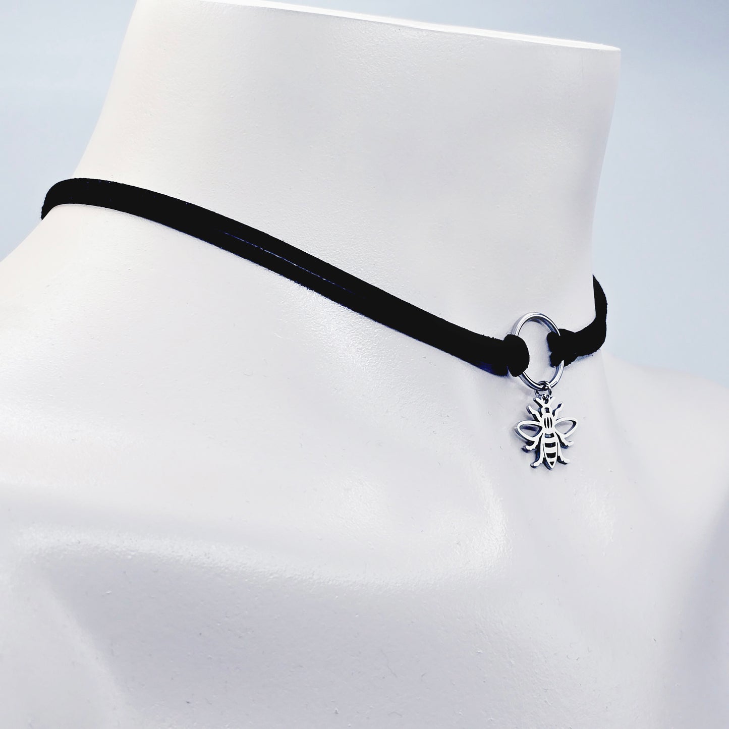 Discreet Day Collar, Faux Leather Choker With Stainless Steel Circle Pendant and Bee.