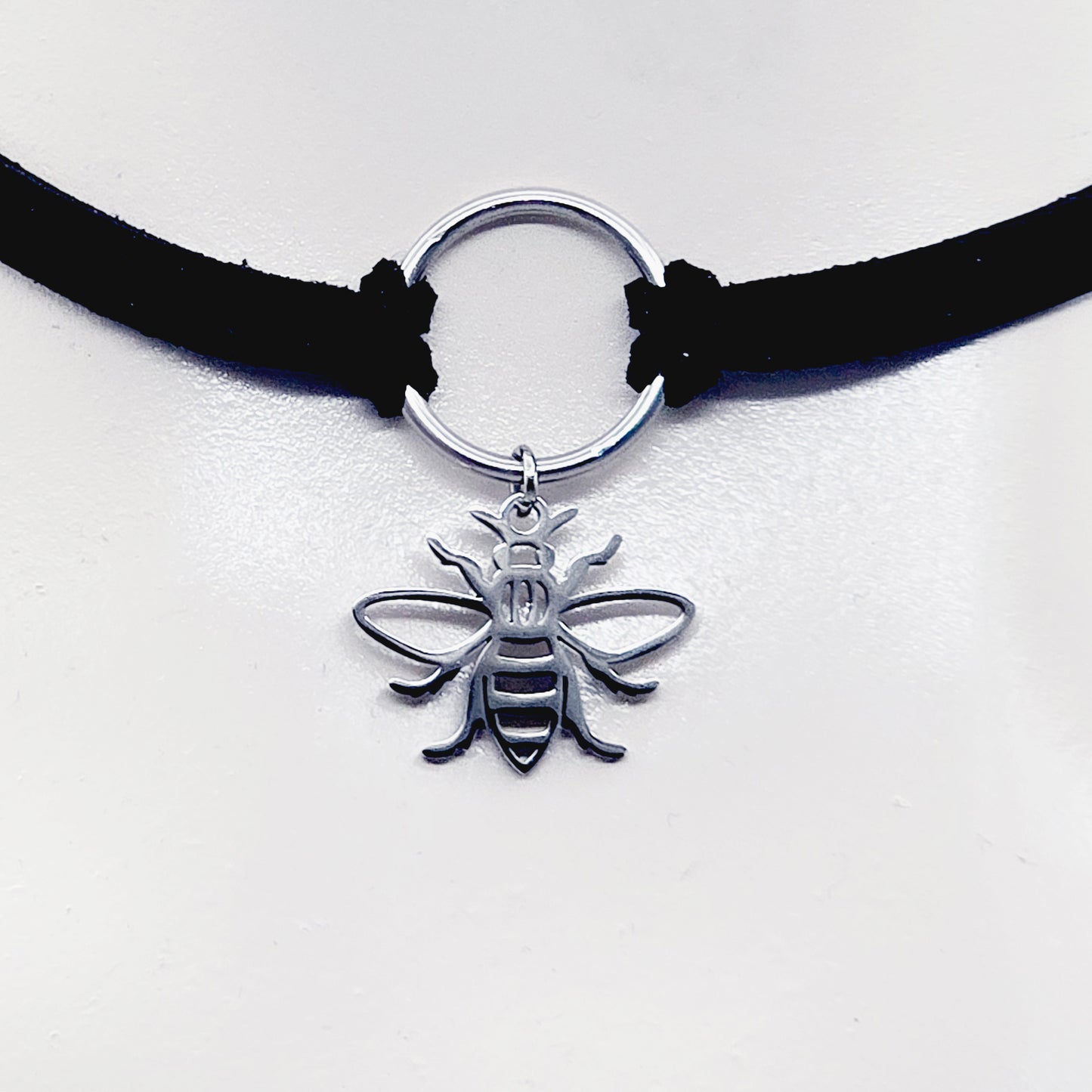 Discreet Day Collar, Faux Leather Choker With Stainless Steel Circle Pendant and Bee.